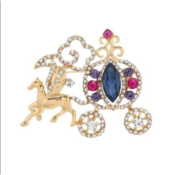 None Jewelry - Hollow Pumpkin Carriage / Cinderella Gold Tone Brooch with Rhinestones Lapel Pin